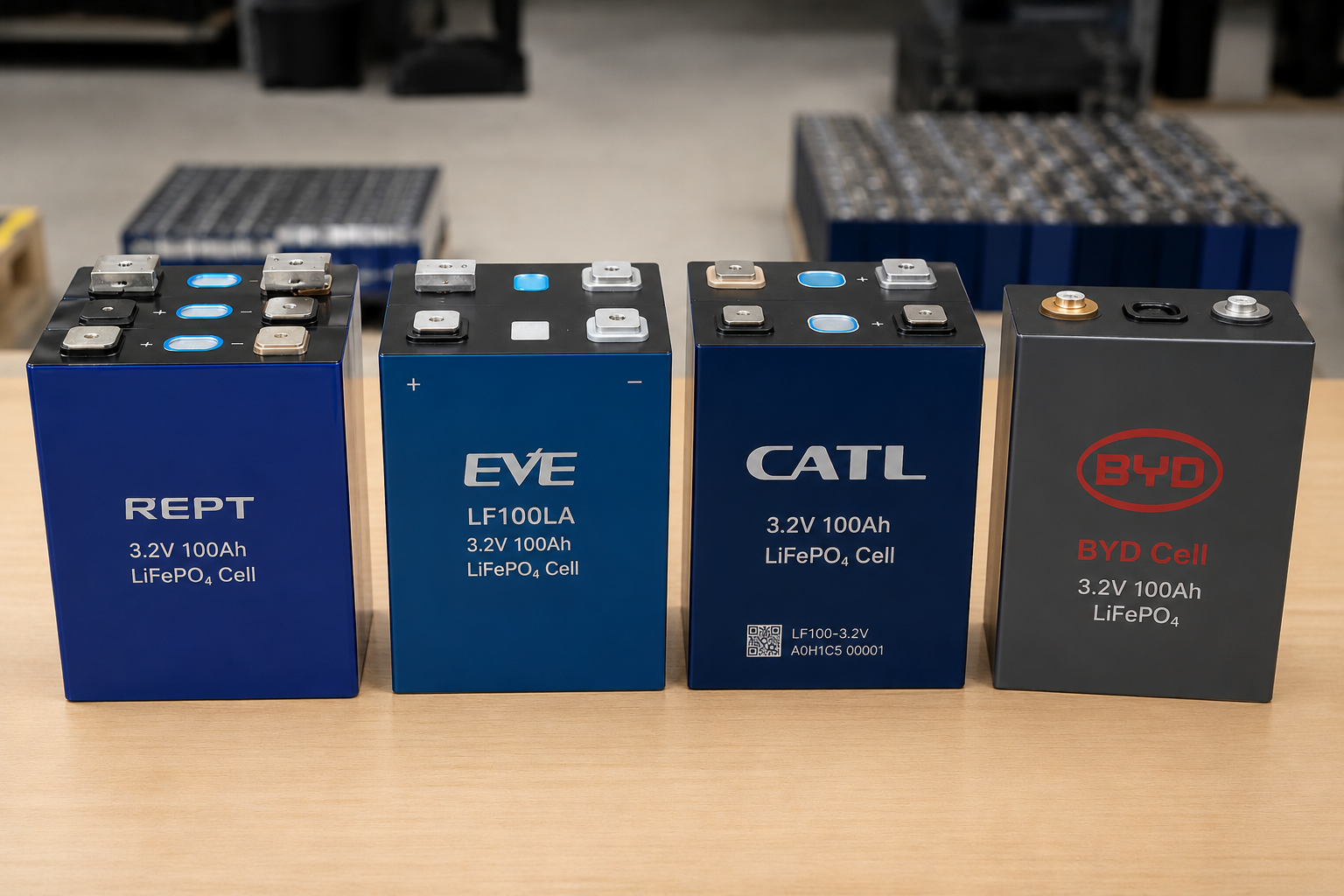 REPT, EVE, CATL and BYD 3.2V 100Ah LiFePO4 prismatic cells side by side